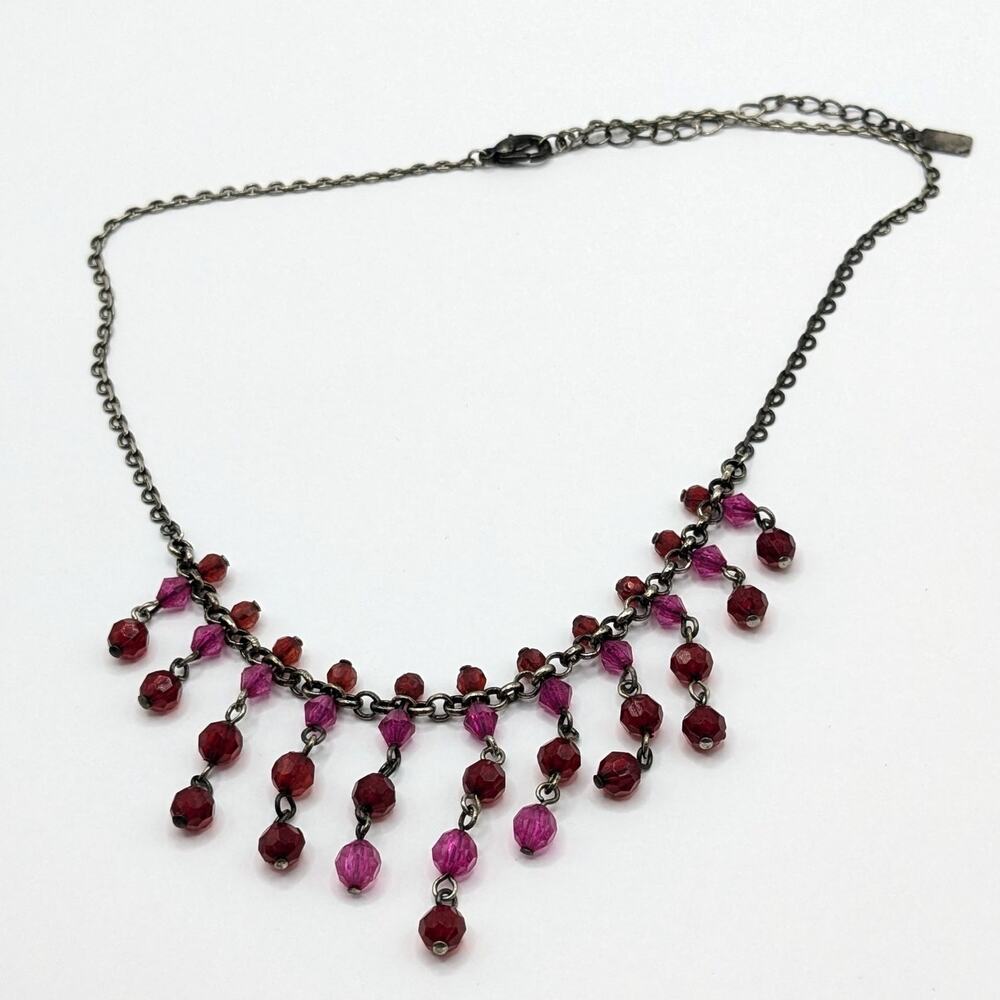 1928 Signed Pink and Red Beaded Silver Tone Dangle Chain Adjustable Necklace